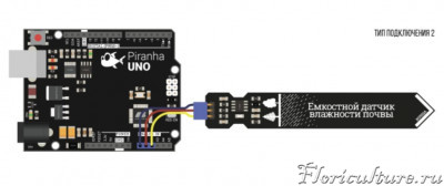 Вариант 2 <br />#define SENSOR A2 // Определяемый номер аналогового входа, к которому подключен датчик влажности почвы<br />#define Vcc A1 // Определяемый номер выхода, от которого запитан датчик (вывод Vcc)<br />#define GND A0 // Определяемый номер выхода, от которого запитан датчик (вывод GND)<br />void setup () {<br />  Serial.begin (9600); // передача данных по последовательному порту на скорости 9600 бот<br />  pinMode (Vcc, OUTPUT); // Переводим вывод Vcc в режиме выхода<br />  pinMode (GND, OUTPUT); // Переводим вывод GND в режиме выхода<br />  digitalWrite (Vcc, LOW); // Подаем уровень логического 0 на вывод Vcc датчика<br />  digitalWrite (GND, LOW); // Подаем уровень логического 0 на вывод GND датчика<br />}<br />void loop () {<br />  digitalWrite (Vcc, HIGH); // Включаем датчик<br />  задержка (50); // Ждем генератор частоты<br />  Serial.println (analogRead (ДАТЧИК)); // Выводим текущую влажность почвы из датчика в последовательный порт<br />  digitalWrite (Vcc, LOW); // Выключаем датчик<br />  Задержка (5000); // Приостанавливаем выполнение программы на 5 секунд<br />}